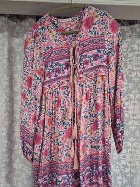 Pink Floral Boho Tie-Front Tunic Dress